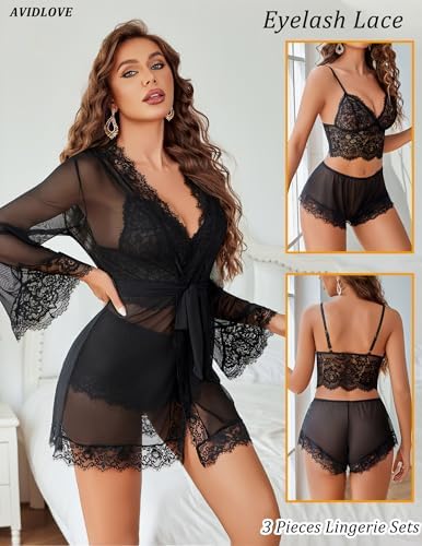 Avidlove Women Sexy Lingerie Set 3 Piece Lace Bralette and Panty Sets With Mesh Kimono Robe Sleepwear Exotic Nightgown
