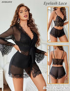 Avidlove Women Sexy Lingerie Set 3 Piece Lace Bralette and Panty Sets With Mesh Kimono Robe Sleepwear Exotic Nightgown