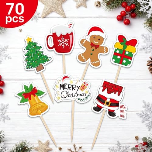 NACHLYNN 70pcs Merry Christmas Cupcake Toppers Holiday Party Fruit Cake Decoration Favors