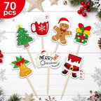 NACHLYNN 70pcs Merry Christmas Cupcake Toppers Holiday Party Fruit Cake Decoration Favors