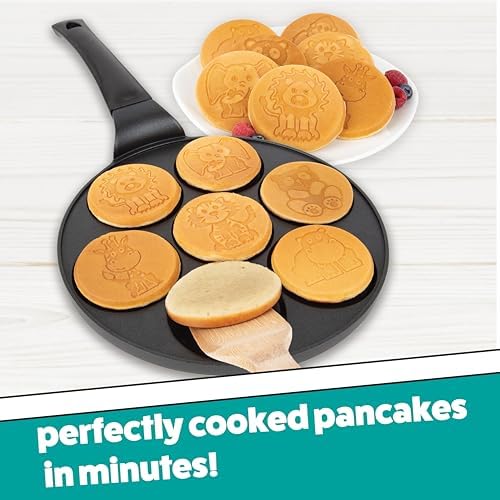 Animal Mini Pancake Pan- Make 7 Unique Flapjack Zoo Animals, Includes Elephant, Giraffe, Lion, Tiger, Panda, Gorilla & Hippo- Nonstick Pan Cake Maker Griddle for Morning Breakfast Fun & Easy Cleanup