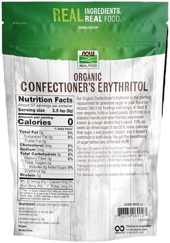 NOW Foods, Organic Confectioner's Erythritol Powder, Replacement for Powdered Sugar, Zero Calories, 1-Pound (Packaging May Vary) (Pack of 2)