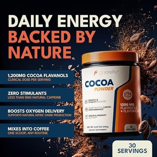 High Flavanol Cocoa Powder Supplement, 1200mg Cocoa Flavanols & Flavonoids, 30 Servings for Support Heart Health, Blood Flow & Nitric Oxide, Dark Cocoa Flavor