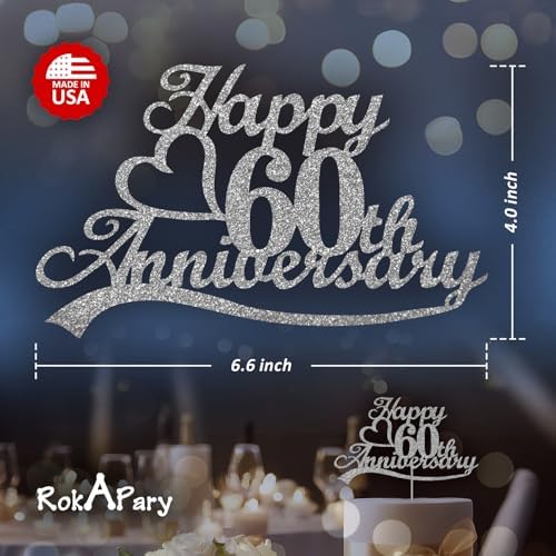 60 Anniversary Cake Topper Silver Glitter, Wedding Anniversary Party Decoration Ideas, Premium Quality, Sturdy Doubled Sided Glitter, Acrylic Stick. Made in USA (60th Silver)