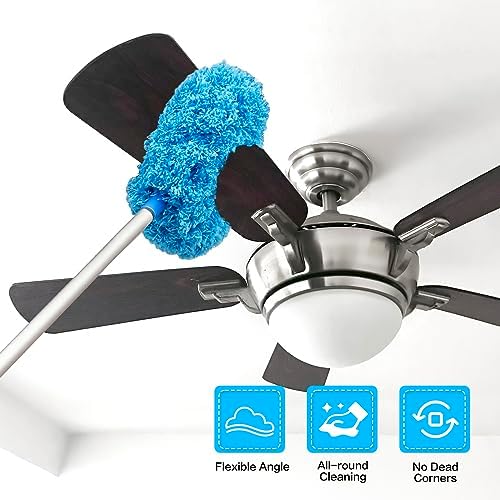 Ceiling Fan Cleaner Duster Reusable Microfiber Ceiling Fan Blade Cleaner Removable Duster with Extension Pole Adjusts 13 to 49.7 Inch for Cleaning Walls Bookshelves Furniture Door Window Top (Blue)