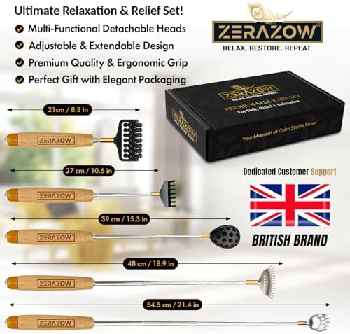 ZERAZOW® Extendable Back Scratcher for Men & Women, Telescoping Wooden Back Scratcher Set with 5 Detachable Heads, Head & Scalp Scratcher, Back Massager Stick, Mother’s Day Gifts for Women & Men