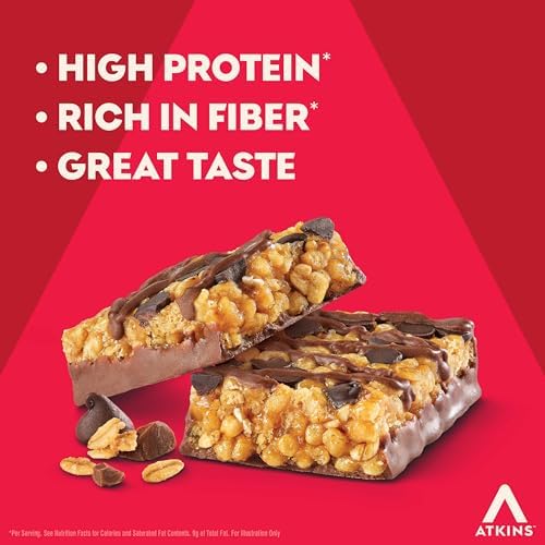 Atkins Chocolate Chip Granola Protein Bar, High Fiber, Low Sugar, 17g Protein, 3g Net Carb, High Protein Bars, Keto Friendly, 12 Count