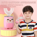 Kids Electric U Shaped Toothbrush Kids Sonic Toothbrush with 4 Soft Brush Head Automatic Full Mouth 6 Cleaning Mode-(Age8-15 Pink)