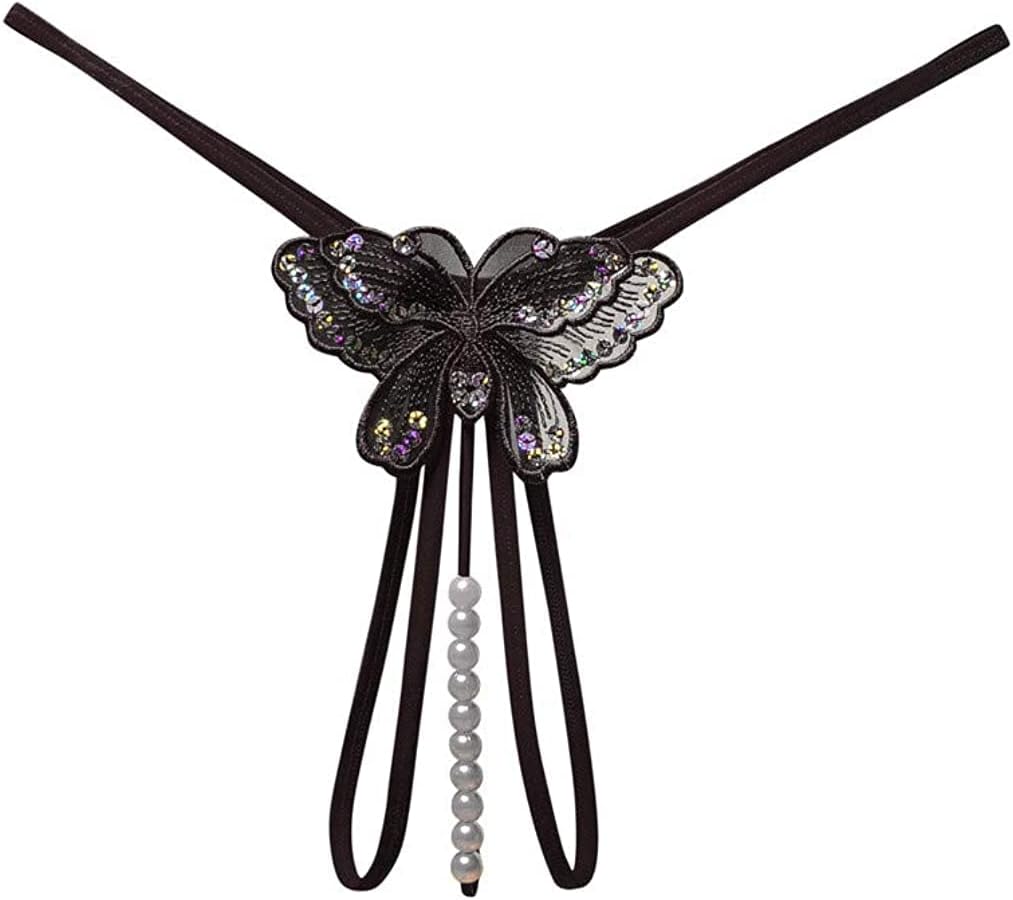 Fashion Women Sexy Underwear Cutout Pendant Pearl Beads Embellished Lace Butterfly G-String Thong Underpants