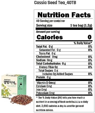 Ssanggye Cassia Seed Tea 1.2g X 40 Tea Bags, Sicklepod Premium Korean Herbal Tea Hot Cold Kyulmyungja Cha 결명자차 Nutty Savory Herb 4 Seasons Made in Korea