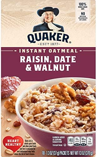 Quaker Raisin, Date & Walnut 100% Whole Grains Fiber Instant Oatmeal - 2 Boxes (26 oz)