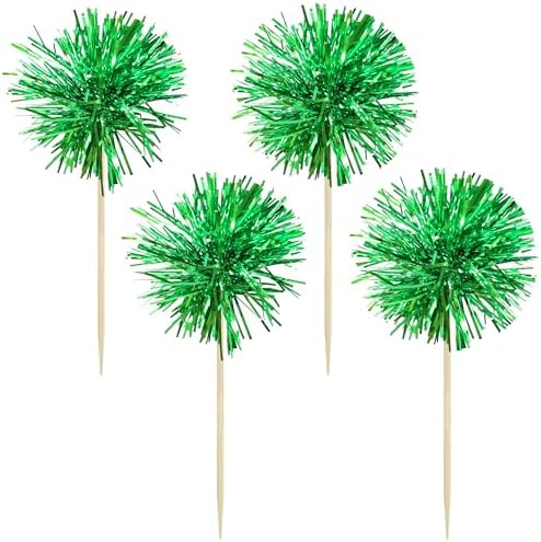 Gyufise 30Pcs Foil Firework Cupcake Toppers Sparkle Tinsel Cake Toppers Tinsel Drink Cake Decoration Cocktail Picks for Birthday Wedding Graduation Party Supplies Dark Green