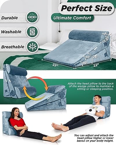 Lunix LX8 4-Piece Support for Nighttime Digestive Discomfort & Easier Breathing, Adjustable Height Orthopedic Bed Wedge Pillow Set, Memory Foam, Washable Cover, Cloud Gray