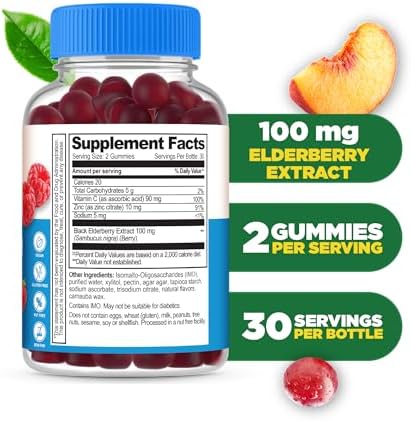 Lifeable Sugar Free Elderberry Gummies with Vitamin C and Zinc | Great Tasting Sambucus Elderberry Immune Support Supplement | Kosher, Vegan, Non GMO Black Elderberry for Adults | 60 Gummies