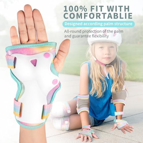 SULIFEEL Rainbow Unicorn Knee Pads for Kids Knee Elbow Pads Wrist Guards with Drawstring Bag Adjustable Protective Gear Set for Girls Roller Skating Bike Cycling Skateboard Scooter Dazzling Small