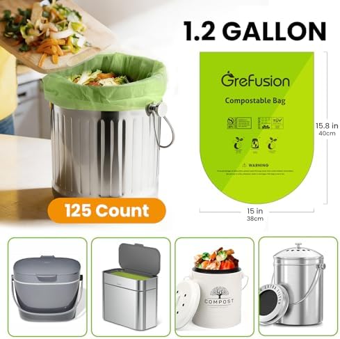 (Include 100+25 Bonus Bags) GreFusion Compostable Bags 1.2-1.6 Gallon,Fits 0.75,1,1.2,1.3,1.8 Gallon Countertop Bin,Certified by BPI,ASTM D6400 and OK Compost,125Count (100 + 25 Extra)