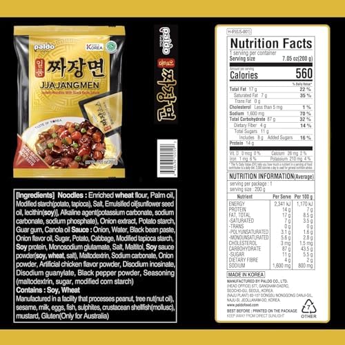 Korean Food Paldo Jjajangmen Noodles, 4 Pack (7.05oz Each) – Instant Korean Black Bean Sauce Ramen – Savory Chajang Noodles with Rich Flavor & Chewy Texture