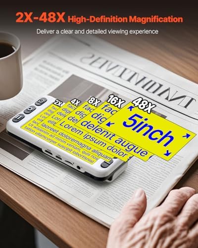 VEVOR Portable Digital Magnifier, 5-inch HD Electronic Video Magnifier for Low Version, 2X - 48X Electronic Reading Aid with 13MP Near & Far Dual Lens, 26 Color Mode, AV/HDMI Output & Foldable Handle