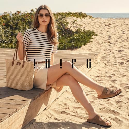 IDIFU Leather Footbed Slides Sandals for Women Slip On Double Buckle Strap Comfortable Sandal Beach Summer Vacation Arch Support Open toe Casual Formal Slide Flat Sandals