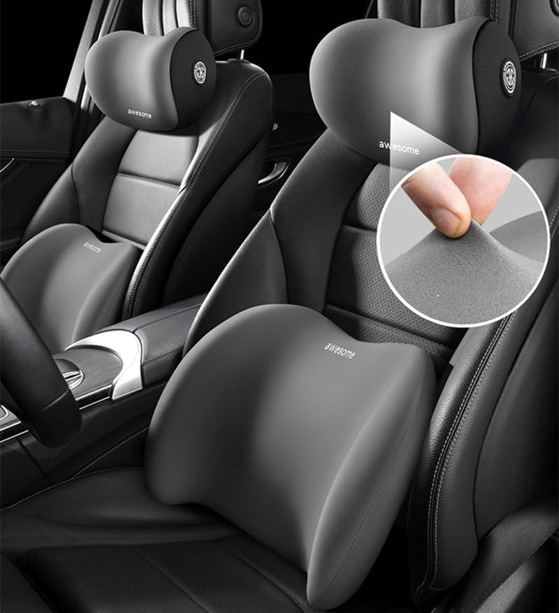 Car Lumbar Support Pillow and Car Neck Pillow Kit, Ergonomic Car Seat Headrest & Lumbar Cushion with Adjustable Strap for Neck Back Pain Relief, for Office Chair/Truck/Wheelchair (Gray)