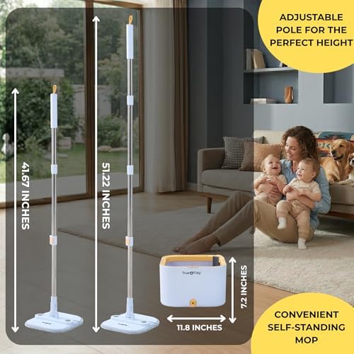 True & Tidy® TrueClean Spin Mop 2.0 w/Detachable Inner Bucket, Self Standing, Separates Clean and Dirty Water, Foldable Square Mop Head, Triple Jet Stream w/Hidden Brush, Replaceable 2pc Pads