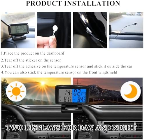 Car Digital Thermometer Clock, 2 in 1 Easy to Read Car Indoor Outdoor Thermometer with LCD Backlight, Vehicle Luminous Clock & Temperature Meter, Car Internal Accessories