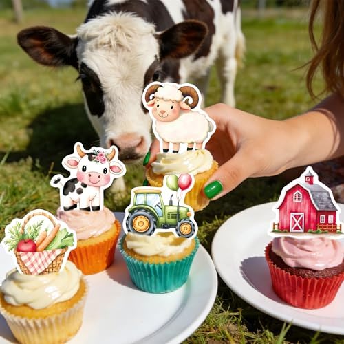 72 PCS Edible Farm Cupcake Toppers Farm Animal Decorations Party Cake Food Picks Barnyard Party Decorations for Farm Themed Baby Shower Kids Tractor Birthday Party Supplies Farm Party Decorations