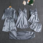 Womens Silk Pajamas Robes Set Sexy Satin Pjs Sets 5Pcs Nightgown Cami Shorts Pants Sleepwear Summer Cute Loungewear
