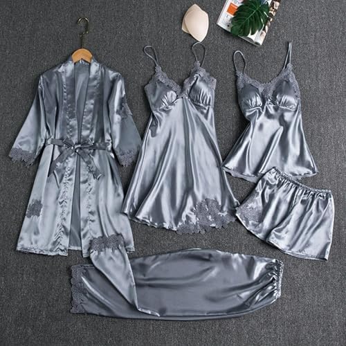 Womens Silk Pajamas Robes Set Sexy Satin Pjs Sets 5Pcs Nightgown Cami Shorts Pants Sleepwear Summer Cute Loungewear