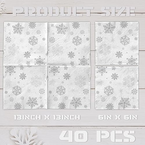 40pcs Snowflake Winter Napkin Party Decoration Winter Snowflake Silver Gray Wonderland Theme Paper Table Napkin Disposable for Christmas Holiday Birthday Party Supplies