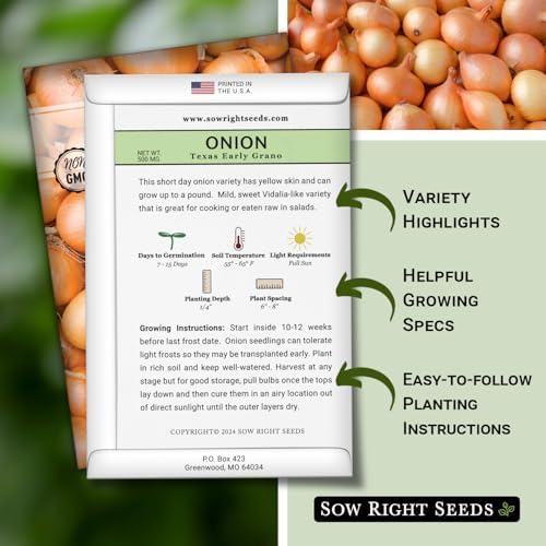 Sow Right Seeds - Texas Early Grano Onion Seeds for Planting - Non-GMO Heirloom Packet with Instructions to Plant a Home Vegetable Garden - Grow Classic Yellow Short Day Onions - Kitchen Staple
