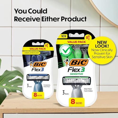 BIC Flex 3 Men's Disposable 3-Blade Razors, Smooth Shave Razors With Pivoting Head and Aloe Strip, 8-Pack