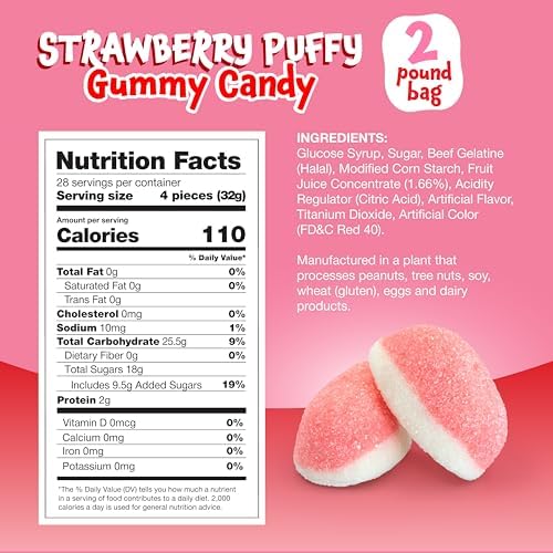 Strawberry Gummy Candy - 2 Pound Pack - Pink Cloud Candy for Baby Showers & Party Favors - Gender Reveal Strawberry Gummies - It's a Girl Candy - Bulk Puffs