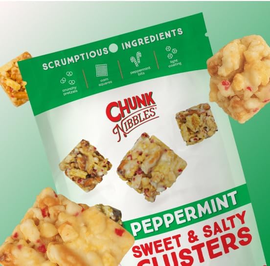 Chunk Nibbles Peppermint Snack Clusters - Holiday Sweet & Salty Snack Mix with Pretzels, Corn Squares & Peanuts - Festive Mint Flavor, Handcrafted, Small Batch - 4.25oz Resealable Pouch (3 Pack)