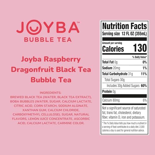 Joyba Bubble Tea Raspberry Dragon Fruit Black Tea with Popping Boba, 4 Pack, 12 fl. oz. Cups