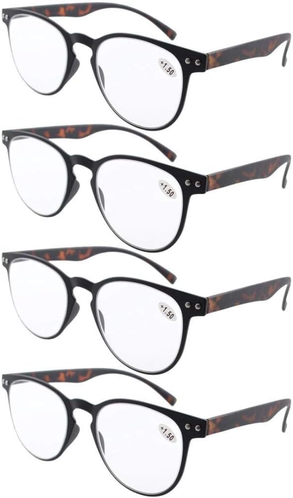 Eyekepper 4-Pack Round Full Coverage Ultrathin Flex Frame Reading Glasses Readers Black Frame Tortoise Arms