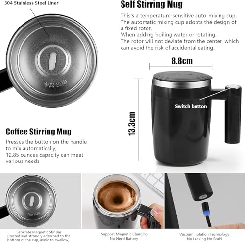 Self Stirring Mug,Rechargeable Auto Magnetic Coffee Mug with 2Pc Stir Bar,Waterproof Automatic Mixing Cup for Milk/Cocoa at Office/Kitchen/Travel 14oz Best Gift - Black