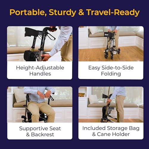 Drive Medical Compact Folding Rollator - Lightweight Foldable Walker for Seniors, 4-Wheeled Walker with Seat & Brakes, Space-Saving & Portable Travel Rollator with 8-Inch Wheels - Just 15.4 Pounds
