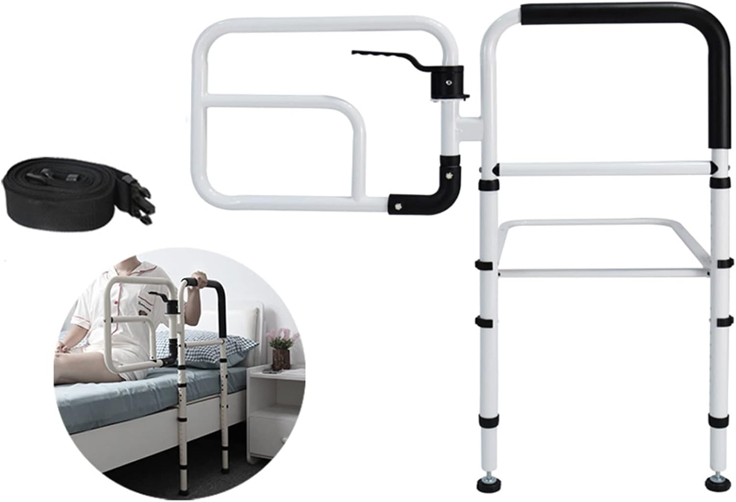 Bed Rail rotatable, Elderly Safety Bed Handle, Bed bar with Storage Pocket, Bedside Standing Assist Grab Bar, Height Adjustable (77-103cm)