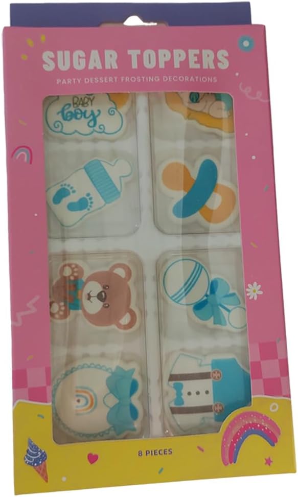 Edible 8pcs Blue Boys Baby Showers Themed Cake Decorations Dessert Sugar Sprinkles Party Cookie DIY Cake Cupcake Topper Icing Frosting Decoration Holiday Supplies