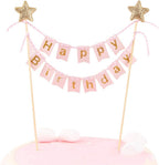 Happy Birthday Cake Topper Banner - Handmade Ivory Pennant Flag Banner Cake Topper with Wooden Polls - Perfect for cakes, donut cakes, cupcakes and more! (Pink)
