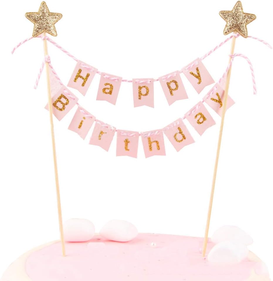 Happy Birthday Cake Topper Banner - Handmade Ivory Pennant Flag Banner Cake Topper with Wooden Polls - Perfect for cakes, donut cakes, cupcakes and more! (Pink)