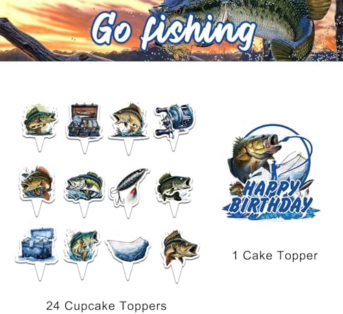 25 Pcs Gone Fishing Cake Topper Cupcake Toppers - Fishing Cake and Party Decorations - Birthday Party Supplies for Baby Shower