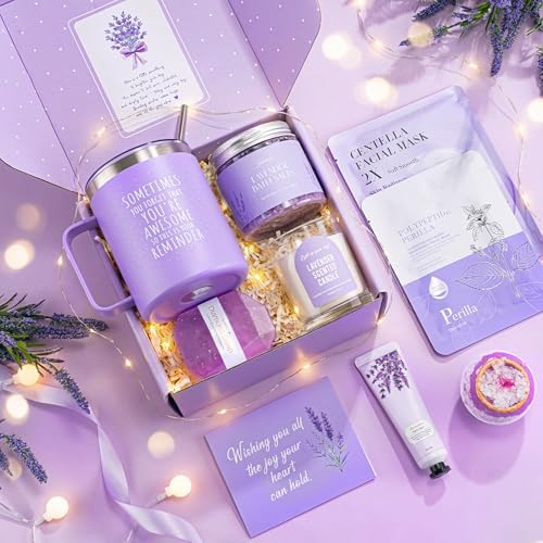 Spa Gifts for Women, 9pcs Happy Birthday Gifts for Women, Unique Birthday Relaxation Mothers Day Gift Christmas Ideas Relaxing Lavender Set Self Care Gift Basket for Her Mom Sister Friend Teacher