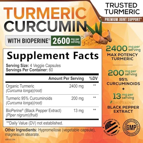 Turmeric Curcumin Supplement - 2400mg Organic Turmeric Per Serving - 95% Curcuminoids & BioPerine Black Pepper Extract for Best Absorption - Natural Vegan Joint Support, Bottled in USA - 240 Capsules