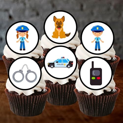 24 Police Officer Sheriff Theme Emergency Services Edible Cupcake Toppers - Stand Up Discs Wafer Cake Decorations, Emergency Services Police Birthday Party Decorations, 4cm / 1.5 inch UNCUT