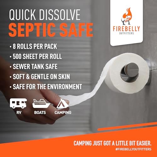 RV Toilet Paper, Septic Tank Safe-MADE IN THE USA- 8 Rolls,2-Ply 500 Sheets - Fast Dissolve Bath Tissue for Camping, Marine, RV Holding Tanks, Biodegradable - Firebelly Outfitters