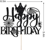 1 PCS Halloween Happy Birthday Cake Topper, Spider Terror Spooky Haunted House Black Glitter Cake Supplies, Creepy Birthday Themed Party Decoration Supplies