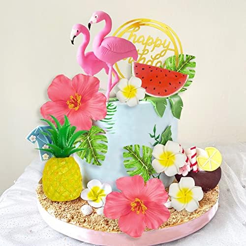 Flamingo Cake Toppers Summer Cake Decorations Pineapple and Hibiscus Flower Palm Leaf Cake Toppers for Tropical Hawaiian Beach Luau Themed Birthday Supplies (Style 1)