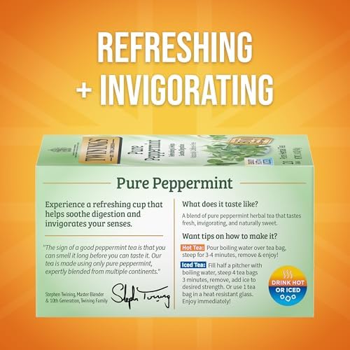 Twinings Pure Peppermint Herbal Tea Individually Wrapped Bags, 20 Count (Pack of 1), Fresh Minty Flavour, Naturally Caffeine-Free, Enjoy Hot or Iced, 20 Teabags